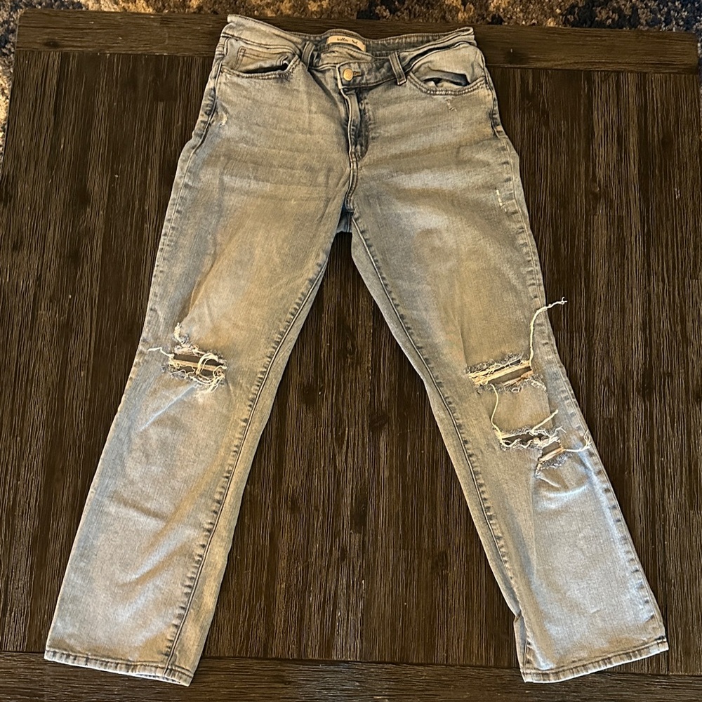 Distressed Gray Boot Cut Jeans